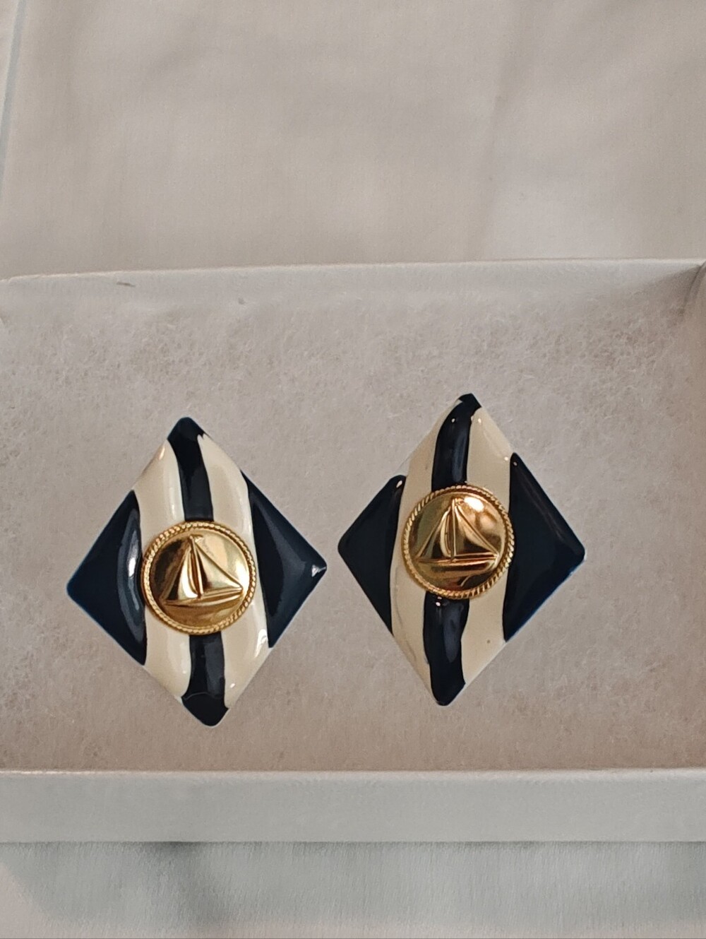 Navy and Cream Enamel Geometric Stud Earrings with Gold Sailboat Accent